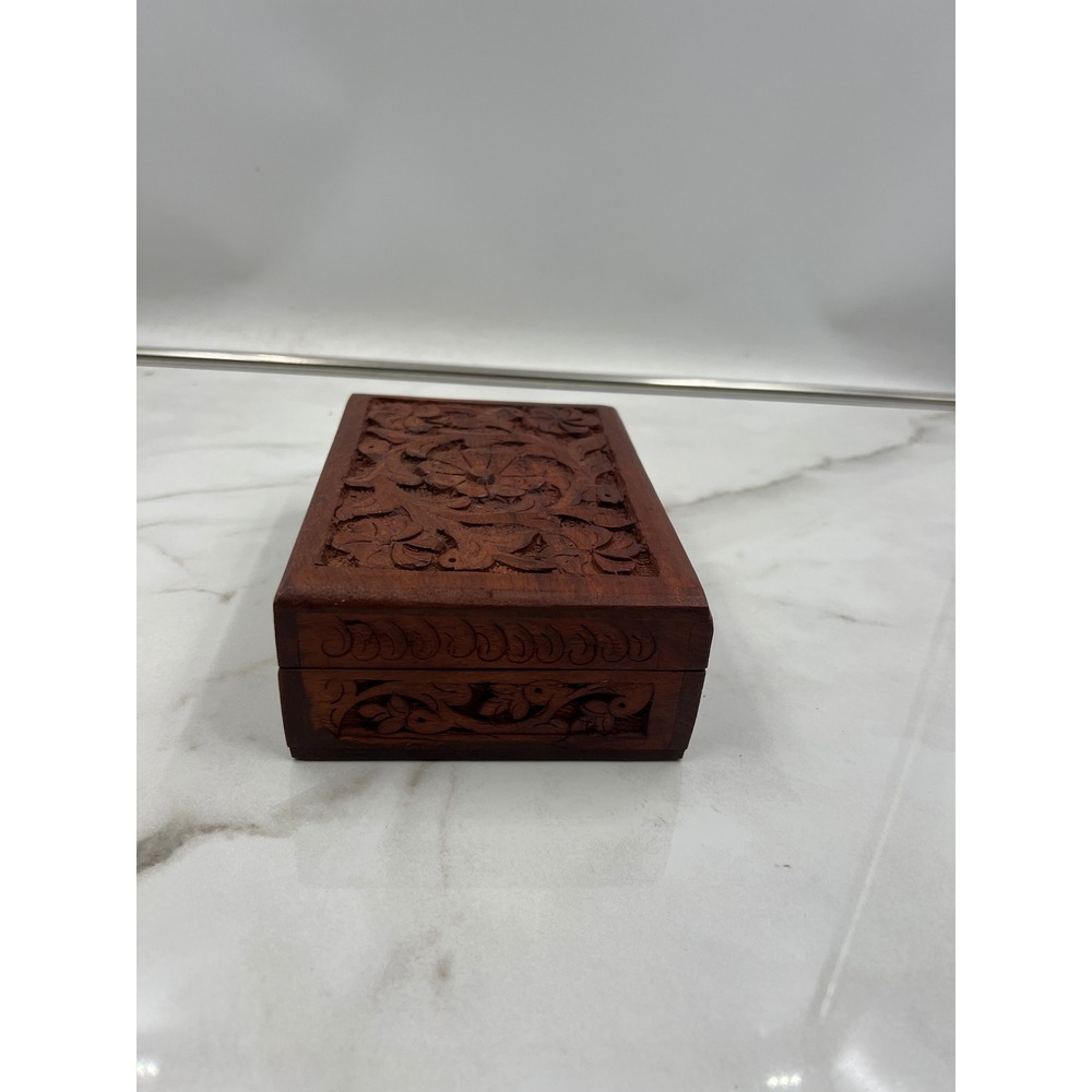 Vintage Hand Carved Floral Wooden Jewelry Box Trinket Keepsake Boho Dark Wood - Picture 4 of 11